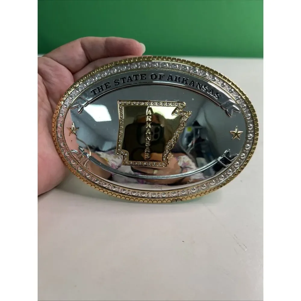 State of Arkansas Silver/Gold Tone Belt Buckle With Rhinestones Large 6” Wide